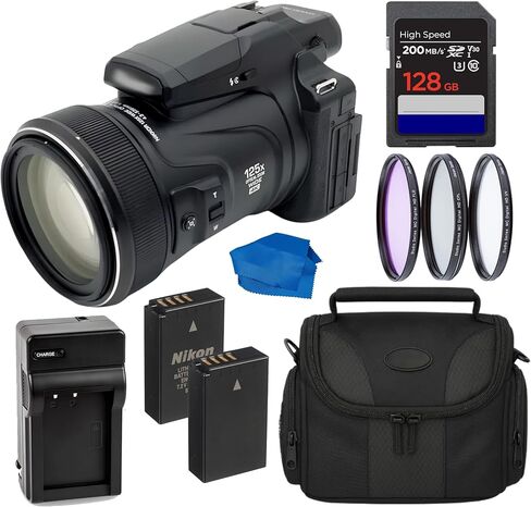 كاميرا Nikon COOLPIX P1100 الرقمية 26541 (أسود) - (حزمة الملحقات) SD 128 جيجابايت Extreme PRO SD، حقيبة أدوات، بطارية إضافية، شاحن، قطعة قماش للتنظيف والمزيد in Kuwait