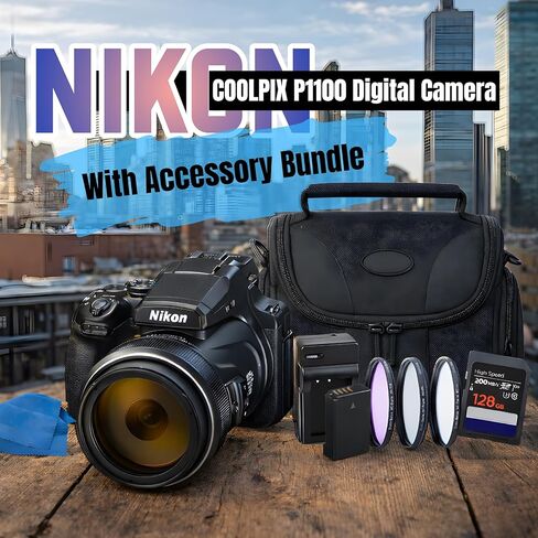 كاميرا Nikon COOLPIX P1100 الرقمية 26541 (أسود) - (حزمة الملحقات) SD 128 جيجابايت Extreme PRO SD، حقيبة أدوات، بطارية إضافية، شاحن، قطعة قماش للتنظيف والمزيد in Kuwait