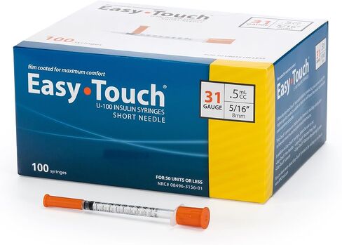 حقنة الأنسولين EasyTouch U-100 بإبرة، 31G 0.5cc 5/16 بوصة (8 مم)، صندوق من 100 in Saudi Arabia