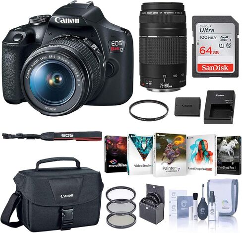 كاميرا Canon EOS Rebel T7 DSLR مع مجموعة عدسات EF-S 18-55mm وEF 75-300mm مع حقيبة، وبطاقة SD سعة 64 جيجابايت، وحزمة برامج الصور والفيديو من Corel PC وملحقاتها in Kuwait
