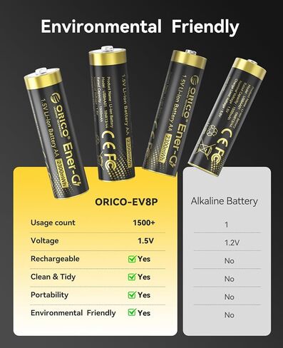 ORICO Rechargeable AA Lithium Batteries Charger-8Pack Double A Batteries for Blink Camera, Xbox Controllers & Toys, 3-Hour Fast Charging, 1.5V Constant Voltage, High- Capacity - EV8P in Saudi Arabia
