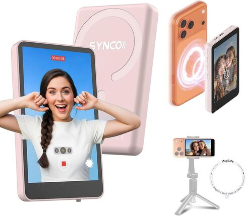 شاشة SYNCO XView Selfie لسلسلة iPhone 7-17، شاشة P2P لاسلكية خاصة آمنة، شاشة كاميرا خلفية مغناطيسية 4K/1080p مع نطاق 164FT للبث المباشر على YouTube TikTok (أسود) in Kuwait