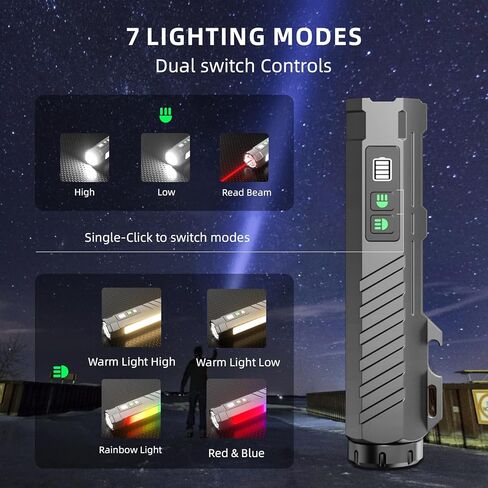 مصباح يدوي EDC قابل لإعادة الشحن مع 1600 لومن 7 أوضاع LED وقاعدة مغناطيسية وفتاحة زجاجات مصباح يدوي صغير مقاوم للماء مع شعاع أحمر للمنزل والتخييم في الهواء الطلق والطوارئ (أسود) in Kuwait