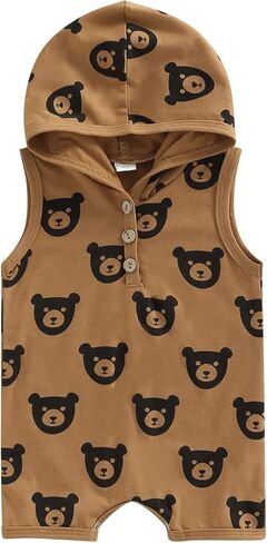 Baby Boy Hooded Romper Sleeveless Cartoon Bear Printed Jumpsuit Infant Summer Clothes in Kuwait