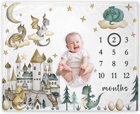 Yuzioey Dragon Milestone Blanket، بطانية Dragon Fairy Tale لنمو الطفل، بطانية شهرية، Watch Me Grow Dragon Baby Nursery للأمهات الجدد (50 بوصة × 40 بوصة) in Kuwait