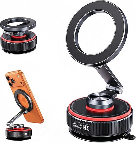 Magnetic Car Phone Mount, 120+ LB Vacuum Suction & 3000gf Magnetic Force, 360° Triple-Axis Adjustable Car Holder for iPhone & All Phones, Twist-Lock Suction Cup, Quick-Release – Black in Saudi Arabia
