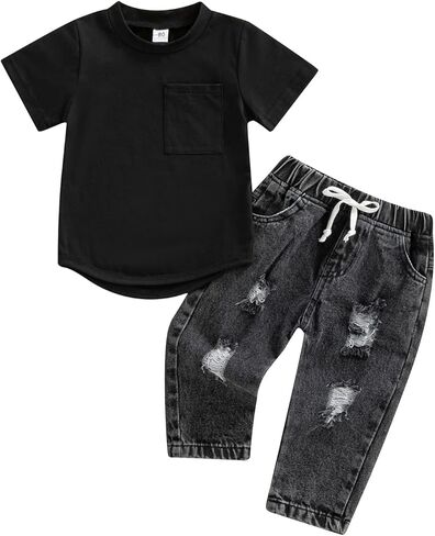 Toddler Baby Boy Clothes Outfits Short Sleeve T-Shirt Tops + Ripped Jeans Denim Pants Sets in Kuwait