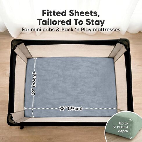 2-Pack Muslin Mini Crib Sheets for Boys, Girls - 38x26 Pack and Play Sheets Fitted, Organic Cotton, Compatible with Graco Pack N Play Mattress, Neutral Toddler Playard Bedding, Soft Breathable (Slate) in Saudi Arabia