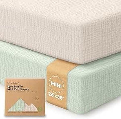 2-Pack Muslin Mini Crib Sheets for Boys, Girls - 38x26 Pack and Play Sheets Fitted, Organic Cotton, Compatible with Graco Pack N Play Mattress, Neutral Toddler Playard Bedding, Soft Breathable (Slate) in Saudi Arabia