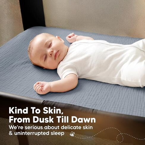 2-Pack Muslin Mini Crib Sheets for Boys, Girls - 38x26 Pack and Play Sheets Fitted, Organic Cotton, Compatible with Graco Pack N Play Mattress, Neutral Toddler Playard Bedding, Soft Breathable (Slate) in Saudi Arabia