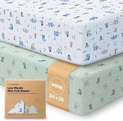 2-Pack Muslin Mini Crib Sheets for Boys, Girls - 38x26 Pack and Play Sheets Fitted, Organic Cotton, Compatible with Graco Pack N Play Mattress, Neutral Toddler Playard Bedding, Soft Breathable (Slate) in Saudi Arabia