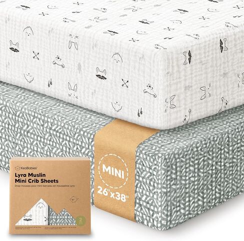 2-Pack Muslin Mini Crib Sheets for Boys, Girls - 38x26 Pack and Play Sheets Fitted, Organic Cotton, Compatible with Graco Pack N Play Mattress, Neutral Toddler Playard Bedding, Soft Breathable (Slate) in Saudi Arabia
