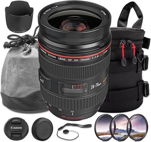 مجموعة عدسات Canon EF 24-70mm f/2.8L USM | زاوية واسعة من سلسلة L إلى تكبير تليفوتوغرافي مع فتحة ثابتة f/2.8 والتركيز البؤري التلقائي USM من النوع الدائري السريع | رائع لحفلات الزفاف والمناسبات (8014A002) + مجموعة الفلتر + المزيد in Kuwait