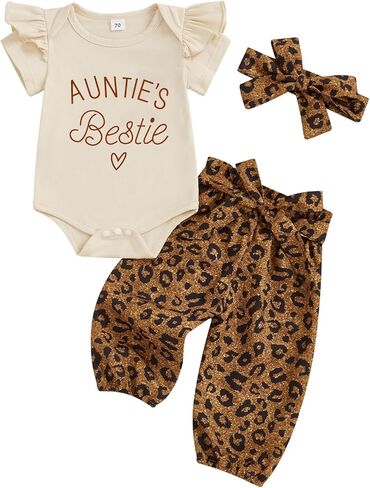 Aunties Little Bestie Baby Girl Clothes Newborn Bell Bottom Outfit 3Pcs Romper Pants Set Summer Leopard Outfit in Kuwait