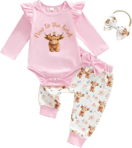 3PCS Western Baby Girl Outfit Ruffled Long Sleeve Romper Bow Cow Print Pants Headband Set Cowgirl Clothes in Saudi Arabia