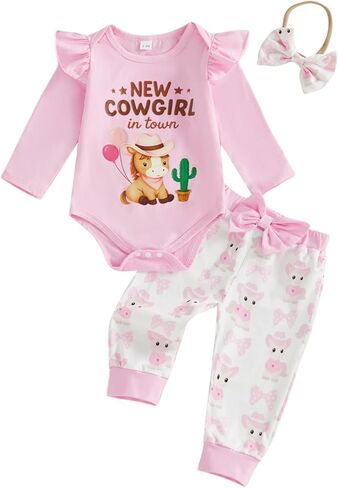 3PCS Western Baby Girl Outfit Ruffled Long Sleeve Romper Bow Cow Print Pants Headband Set Cowgirl Clothes in Saudi Arabia