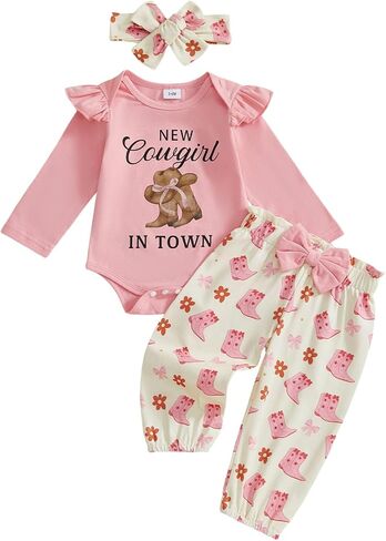 3PCS Western Baby Girl Outfit Ruffled Long Sleeve Romper Bow Cow Print Pants Headband Set Cowgirl Clothes in Saudi Arabia