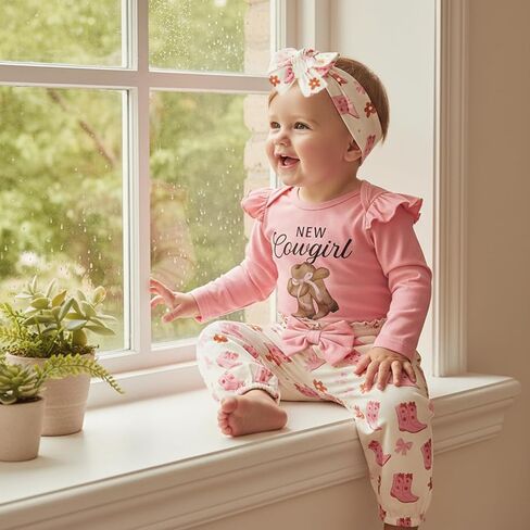 3PCS Western Baby Girl Outfit Ruffled Long Sleeve Romper Bow Cow Print Pants Headband Set Cowgirl Clothes in Saudi Arabia