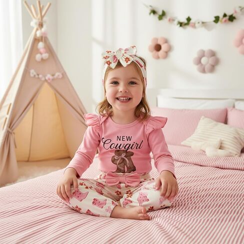 3PCS Western Baby Girl Outfit Ruffled Long Sleeve Romper Bow Cow Print Pants Headband Set Cowgirl Clothes in Saudi Arabia