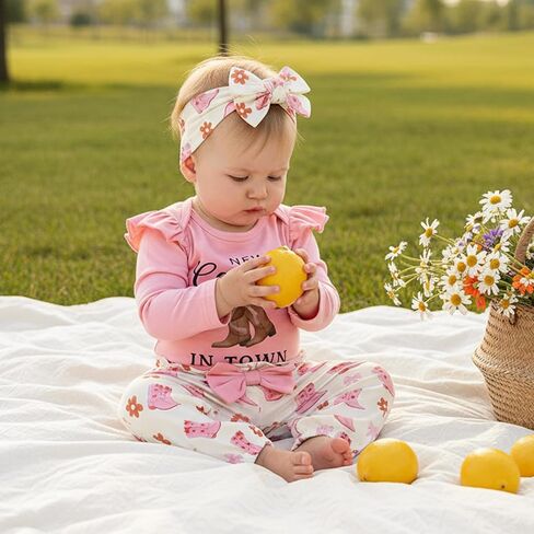 3PCS Western Baby Girl Outfit Ruffled Long Sleeve Romper Bow Cow Print Pants Headband Set Cowgirl Clothes in Saudi Arabia