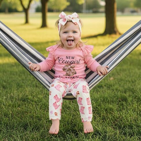 3PCS Western Baby Girl Outfit Ruffled Long Sleeve Romper Bow Cow Print Pants Headband Set Cowgirl Clothes in Saudi Arabia