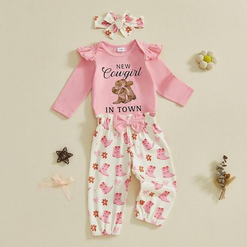 3PCS Western Baby Girl Outfit Ruffled Long Sleeve Romper Bow Cow Print Pants Headband Set Cowgirl Clothes in Saudi Arabia