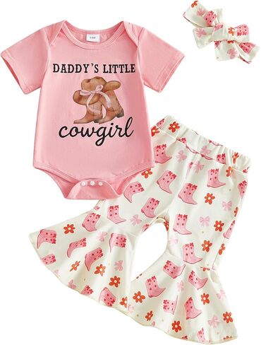 Lamuusaa Western Baby Girl Clothes Short Sleeve Cowgirl Romper Onesie Boots Flared Pants Headband 3Pcs Summer Outfit 0-18M in Kuwait