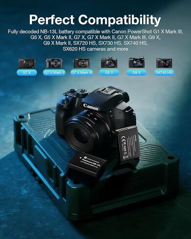بطارية FirstPower NB-13L وشاحن بطارية مزدوج لكاميرا Canon PowerShot G7 X Mark III، G7 X، G7 X Mark II، G9 X، G9 X Mark II، G1 X Mark III، G5 X، G5X Mark II، SX740 HS، SX730 HS، SX720 HS، SX620 HS in Kuwait