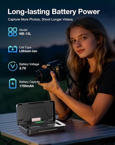 بطارية FirstPower NB-13L وشاحن بطارية مزدوج لكاميرا Canon PowerShot G7 X Mark III، G7 X، G7 X Mark II، G9 X، G9 X Mark II، G1 X Mark III، G5 X، G5X Mark II، SX740 HS، SX730 HS، SX720 HS، SX620 HS in Kuwait