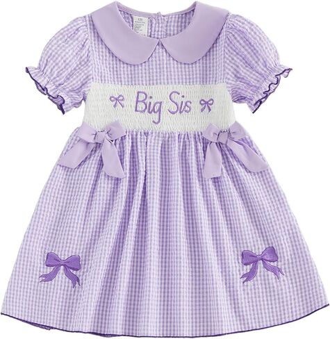 Toddler Girl Summer Dresses Big Sister Little Sister Matching Outfits Plaid Print Puff Sleeve Ruffled Cute Bow Dress in Kuwait