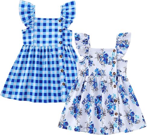 Kucnuzki Baby Girl Clothes Cute Spring Summer Sun Dresses 2-Pack Toddler Casual Fly Sleeve Floral Dress Summer Outfits in Kuwait