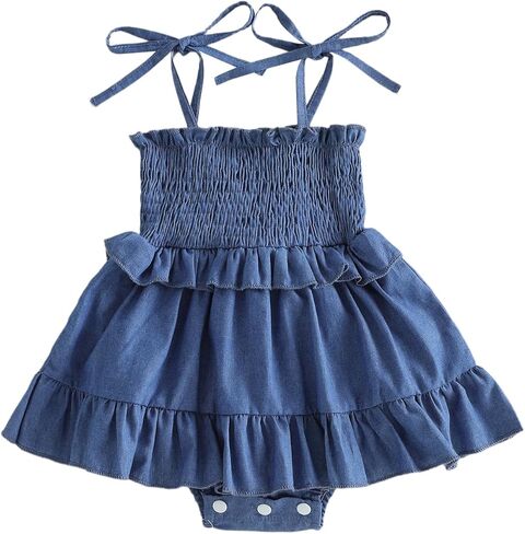 Ledy Champswiin Newborn Baby Girl Jean Outfit Sleeveless Romper Dresses Cute Jean Clothes Infant Summer One Peice Outfit in Kuwait