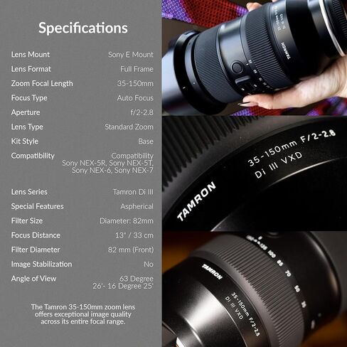 عدسة Tamron 35-150 مم f/2-2.8 Di III VXD لكاميرا Sony E ذات إطار كامل وتكبير متوسط ​​المدى سريع مع تركيز تلقائي VXD، حزمة مع فلتر ND، حقيبة ظهر، مجموعة تنظيف، ضمان Tamron لمدة 6 سنوات in Kuwait