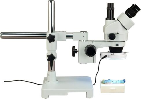 OMAX 7X-45X Trinocular Zoom Stereo Microscope on Single Bar Boom Stand with 144-LED Ring Light in Kuwait