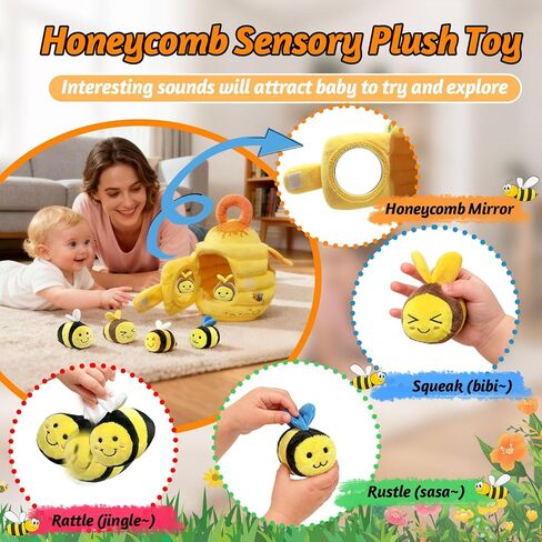 Baby Toys - Soft Beehive with 5 Sensory Bees Crinkle, Rattle, Squeaker, Mirror Portable Sensory Toys Montessori Bee Toy for Toddlers, Boy Girl Birthday Christmas Gift in Kuwait