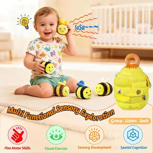 Baby Toys - Soft Beehive with 5 Sensory Bees Crinkle, Rattle, Squeaker, Mirror Portable Sensory Toys Montessori Bee Toy for Toddlers, Boy Girl Birthday Christmas Gift in Kuwait