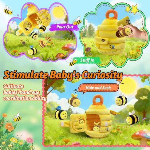 Baby Toys - Soft Beehive with 5 Sensory Bees Crinkle, Rattle, Squeaker, Mirror Portable Sensory Toys Montessori Bee Toy for Toddlers, Boy Girl Birthday Christmas Gift in Kuwait