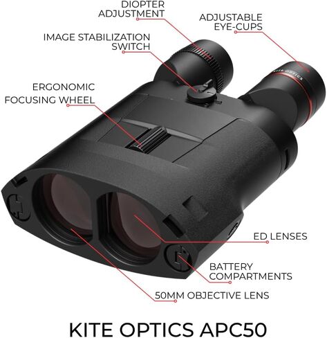 مناظير Kite Optics APC STABILIZED 22x50 ED عالية الأداء للصيد ومشاهدة الطيور/الاستخدام البحري - تكبير 22x مع تثبيت الصورة، نظارات ED، مقاومة للماء IPX 7، بطاريات AA in Kuwait