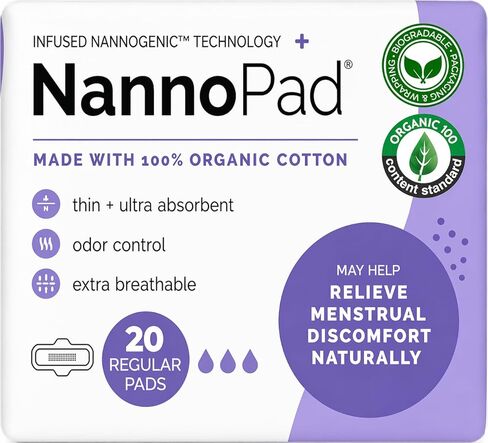 Regular Pads for Women - Nannocare Certified Organic Cotton Pads - Discomfort Reducing Pads with Wings - Feminine Hygiene Products - 20 Sanitary Pads (2 Pack) in Saudi Arabia