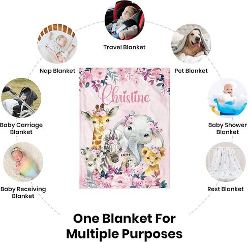 Personalized Baby Blanket for Girls, Custom Baby Blanket with Name Super Soft Personalized Name Blankets for Kids, Custom Animal Blankets for Infant Toddler, Babys Gifts for Birthday in Saudi Arabia