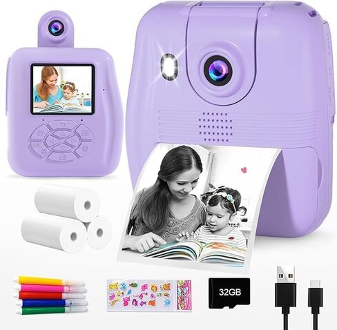 GKTZ Kids Digital Camera with 32GB Card, Toddler Instant Print Camera with 2.4" IPS HD Screen 1080P, 2000mAh Battery, Christmas Birthday Gifts for 3-12 Aged Boys Girls Purple in Kuwait