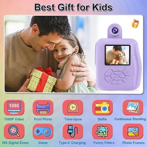 GKTZ Kids Digital Camera with 32GB Card, Toddler Instant Print Camera with 2.4" IPS HD Screen 1080P, 2000mAh Battery, Christmas Birthday Gifts for 3-12 Aged Boys Girls Purple in Kuwait