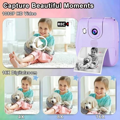 GKTZ Kids Digital Camera with 32GB Card, Toddler Instant Print Camera with 2.4" IPS HD Screen 1080P, 2000mAh Battery, Christmas Birthday Gifts for 3-12 Aged Boys Girls Purple in Kuwait