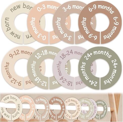 Baby Closet Dividers for Clothes, 8 Pcs Earth Tone Round Clothes Dividers for Closet Rod, Nursery Hanger Organizer & Decor, Clear Labels for Easy Sorting from Newborn to 24+ Months in Saudi Arabia