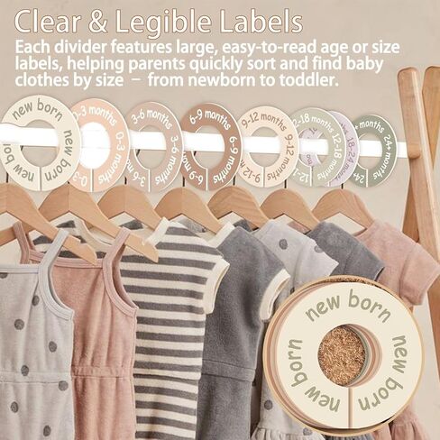 Baby Closet Dividers for Clothes, 8 Pcs Earth Tone Round Clothes Dividers for Closet Rod, Nursery Hanger Organizer & Decor, Clear Labels for Easy Sorting from Newborn to 24+ Months in Saudi Arabia