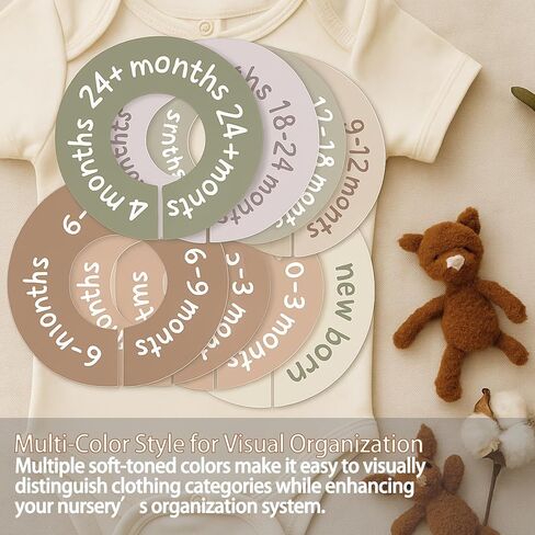 Baby Closet Dividers for Clothes, 8 Pcs Earth Tone Round Clothes Dividers for Closet Rod, Nursery Hanger Organizer & Decor, Clear Labels for Easy Sorting from Newborn to 24+ Months in Saudi Arabia
