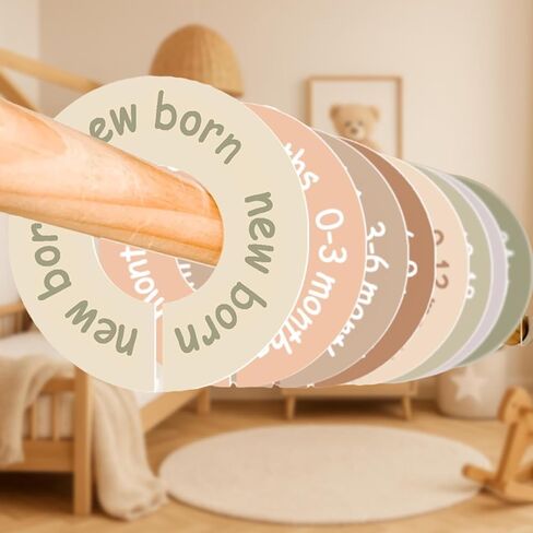 Baby Closet Dividers for Clothes, 8 Pcs Earth Tone Round Clothes Dividers for Closet Rod, Nursery Hanger Organizer & Decor, Clear Labels for Easy Sorting from Newborn to 24+ Months in Saudi Arabia