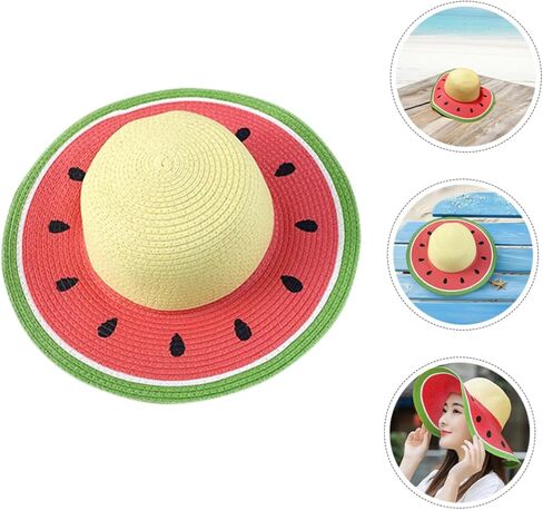 SOLUSTRE Girls Straw Beach Hat Watermelon Straw Sun Hat Uv Protection Cap Internal Sweatband for in Kuwait
