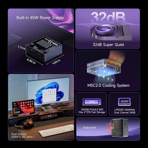 Beelink GTI14 AI Mini PC ، Intel Core Ultra 9 185H (16T/22C ، حتى 5.1 جيجا هرتز) ، 64 جيجا بايت DDR5 2TB PCIE4.0 SSD MINI Desktop Computer in Kuwait