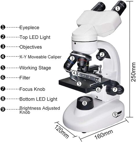 Binocular Biological Microscope 40X-1600X Magnification with 360° Rotatable Head, LED Illumination for School & Lab Use in Kuwait